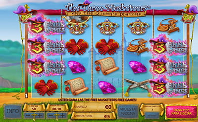 Activación de la función Giros gratis en la slot The Three Musketeers and the Queen's Diamond.