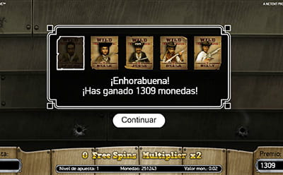 Ventana emergente que surge al finalizar los giros gratis en la slot Dead or Alive, con una ganancia elevada de 1309 monedas