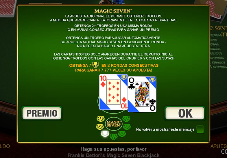Pantalla con las reglas de la apuesta adicional Magic Seven en el juego Frankie Dettori's Magic Seven Blackjack