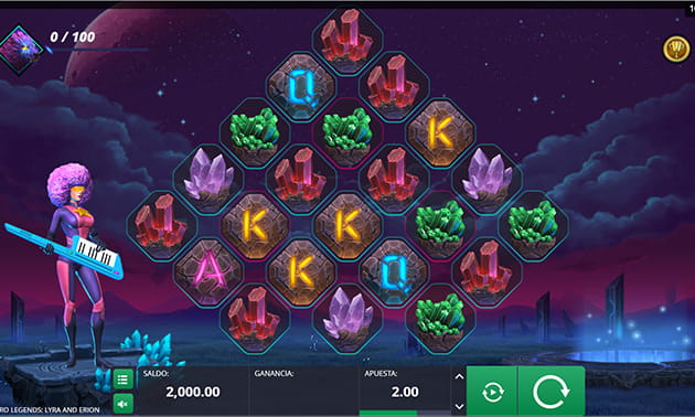 Pantalla principal de la slot Astro Legends Lyra and Erion con su diseño moderno de 22 posiciones en las que se acumulan grupos de símbolos ganadores.