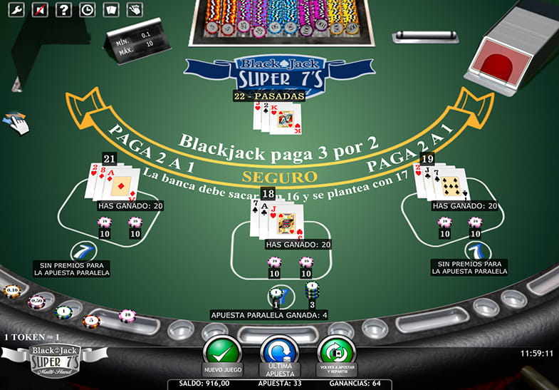 Mesa de Blackjack Super 7's Multi-hand con manos ganadoras.