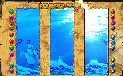 Los tres tambores de la slot Treasures of the 7 Seas, cubiertos por cortinas que esconden premios aleatorios.