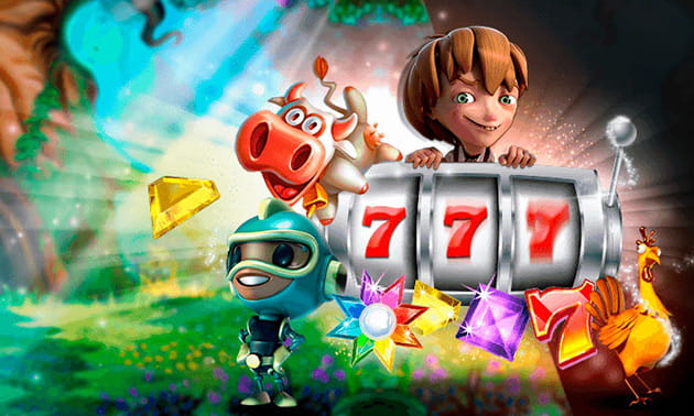 Ilustración con el logo de Casino777 y dibujos animados