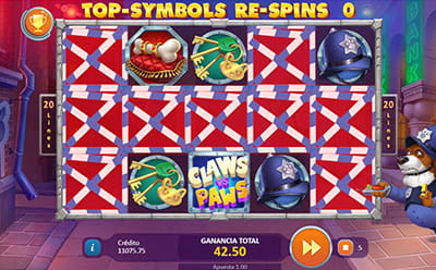 Panel de la tragaperras Claws vs. Paws durande la función de nuevas jugadas con símbolos superiores.