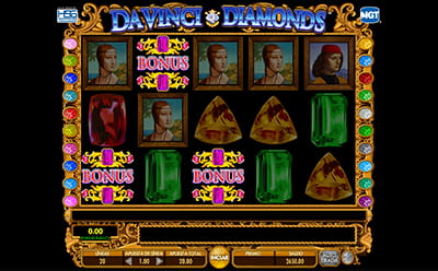 Trois symboles bonus qui donnent accès aux tours gratuits dans la machine à sous Da Vinci Diamonds