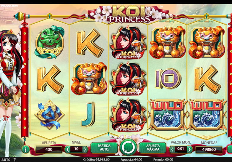 Pantalla de slot Koi Princess con los símbolos Wild, Koi Princess, el león de oro, el pez de jade, las monedas de suerte, la K, la J, y el número 10