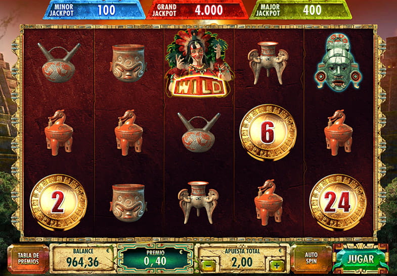 Pantalla con la slot Maya de Red Rake Gaming mostrando los cinco tambores y algunos de los símbolos de pago.