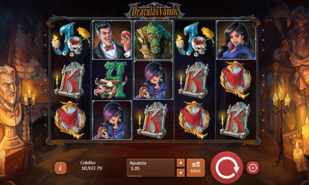 Menú principal de Dracula's Family slot de Playson con el panel de juego y los diferentes tambores y filas representados.