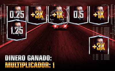 Panel del juego durante la función Car Chase con multilicadores y premios en metálico.