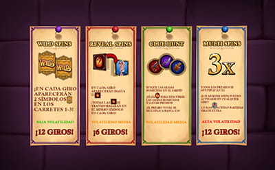 Cuatro funciones especiales en la slot Murder Mystery, desbloqueadas con la combinación de tres símbolos scatter.