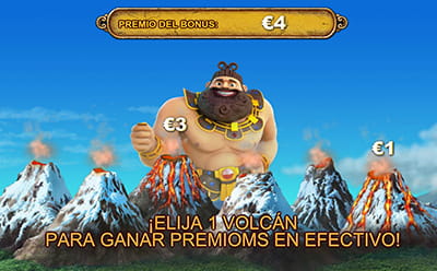 La pantalla del Giant Bonus en la slot Jackpot Giant, mostrando 6 vulcanos y detrás de ellos, el gigante a punto de lanzar una moneda.