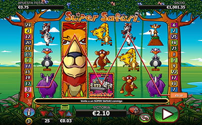 La slot Super Safari durante la ronda Giros del rey de la selva con un comodín expandido.