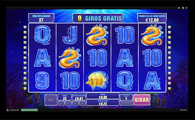Ronda de tiradas gratis en la slot Great Blue Jackpot, la cual se juega con un multiplicador de x7 en este caso.