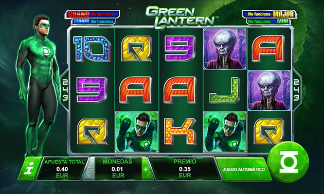 Menú principal de Green Lantern slot con el panel de juego y los diferentes tambores y filas representados.