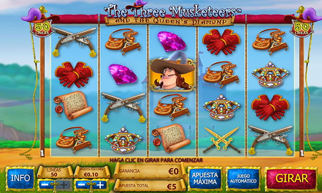 Pantalla inicial del juego principal en la slot The Three Musketeers and the Queen's Diamond