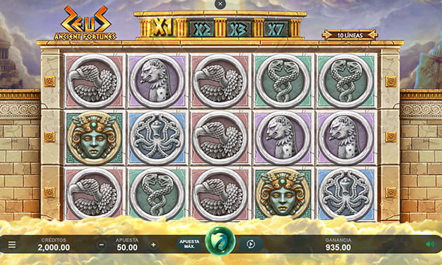 Pantalla inicial de la slot Ancient Fortunes Zeus de Microgaming.