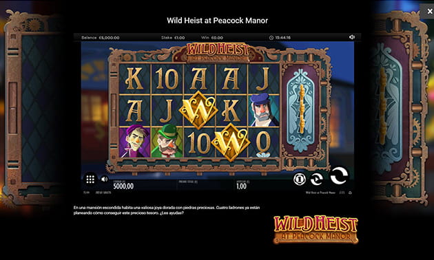 Pantalla inicial del juego base en la slot Wild Heist at Peacock Manor