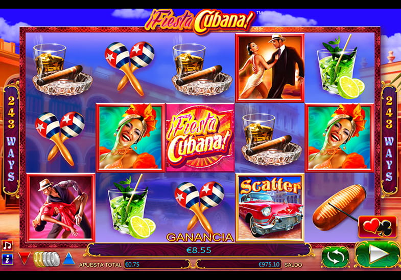 La slot Fiesta Cubana mostrando los principales símbolos del Wild, las caracas, el mohito, el cigarro, el güiro, parejas bailando y una guapa cubana.