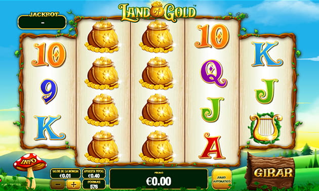 Menú principal de Land of Gold con el panel de juego y los diferentes tambores y filas representados.