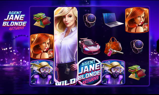 Pantalla inicial de la slot Agent Jane Blonde Returns compuesta por 5 tambores y 3 filas.
