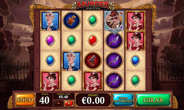 Panel inicial de la slot Murder Mystery, compuesto por 5 tambores y 4 filas, presentando algunos de los símbolos del juego.
