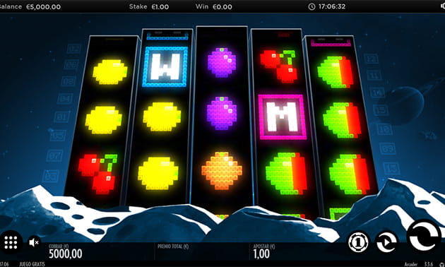 Menú principal de Arcader con el panel de juego y los diferentes tambores y filas representados.