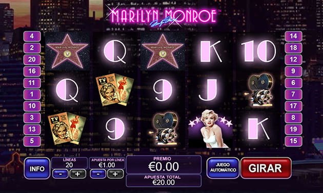 Pantalla de inicio en la slot Marilyn Monroe del proveedor Playtech