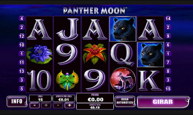 Menú principal de Panther Moon con el panel de juego y los diferentes tambores y filas representados