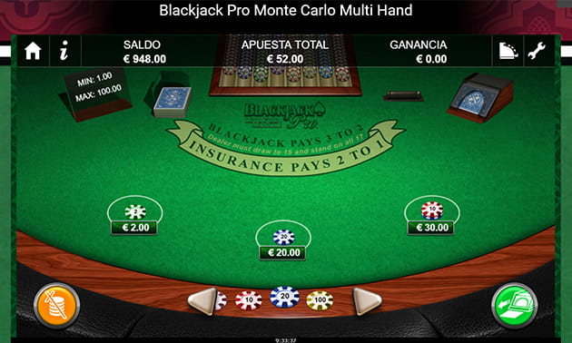 Tapete con las fichas apostadas 
del Blackjack Pro Monte Carlo Multi Hand