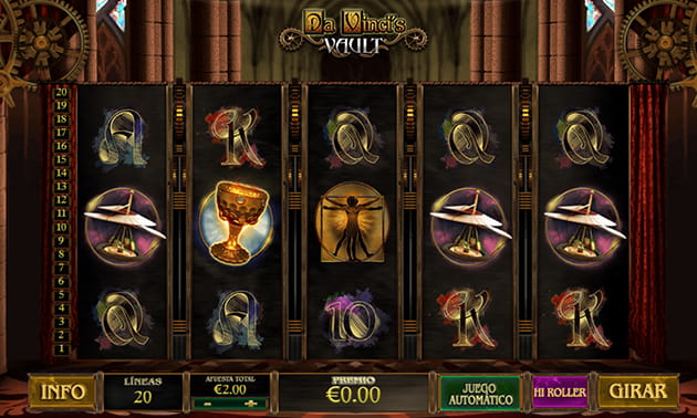 Menú principal de Da Vinci's Vault con el panel de juego y los diferentes tambores y filas representados.