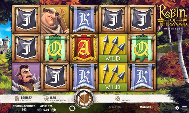 Menú principal de Robin of Sherwood con el panel de juego y los diferentes tambores y filas representados.