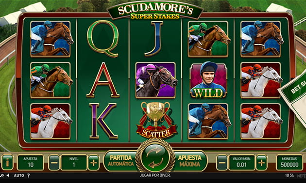 Menú principal de Sudamore's Super Stakes de NetEnt su panel de juego principal y sus tambores y filas.