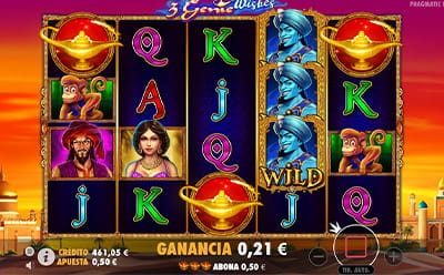 La slot 3 Genie Wishes con símbolos monito, visir, princesa árabe, letras A, K, J, Q, comodín y tres Scatters