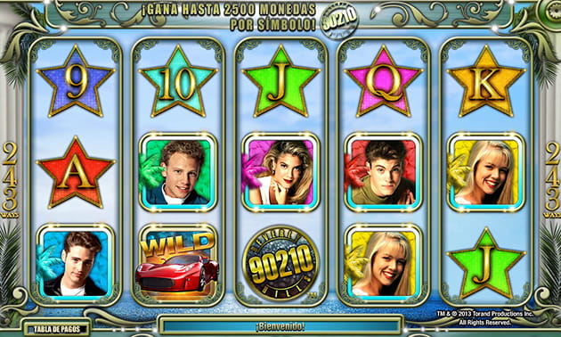 Los 5 tambores y 3 filas de la slot Beverly Hills 90210 con símbolos del juego detenidos sobre ellos.