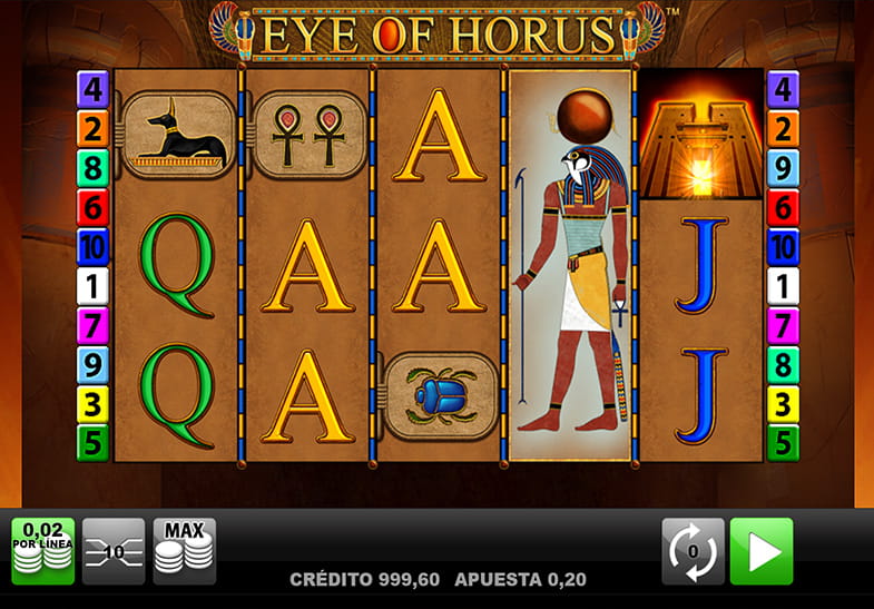 Capture de la machine à sous Eye of Horus montrant quelques symboles payants ainsi que le symbole Horus wild étendu sur trois rangées