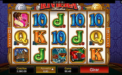 Panel de juego de la versión móvil de la slot Riviera Riches de Microgaming.
