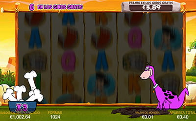 Jugadas gratuitas en la slot The Flintstones, donde Dino busca huesos y sube el multiplicador de premios.