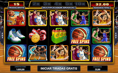Panel de la slot Basketball Star con los tres scatters, activando las tiradas gratis.