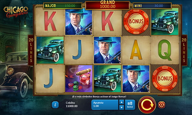 Tablero de la slot Chicago Gangsters con sus 5 rodillos y 3 filas, mostrando unos de los símbolos en el juego.