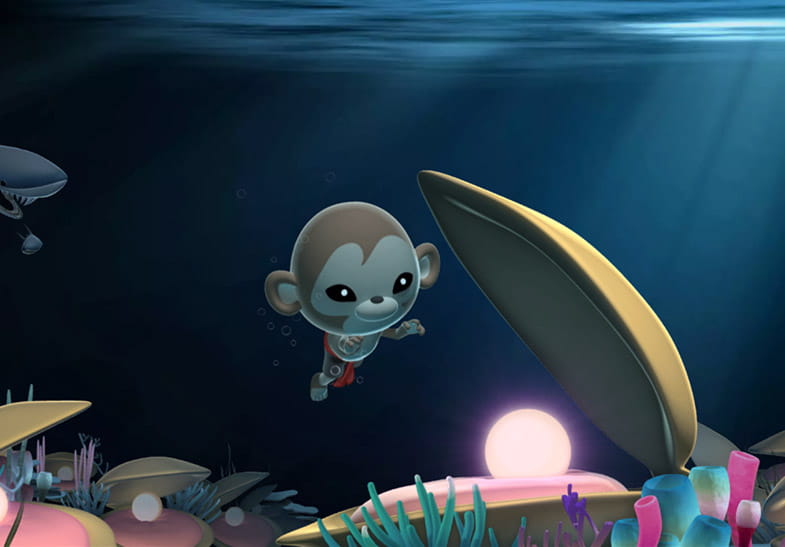 Slot Pearl Tracker con función de giros gratis activada y el comodín monito Miki Munki encuentra una perla al fondo del mar