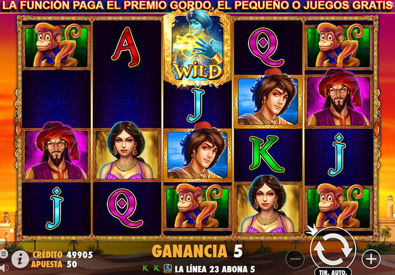 La slot 3 Genie Wishes con sus símbolos Genio, el visir, la princesa árabe, Aladino, el monito, las letras A, J, Q y K