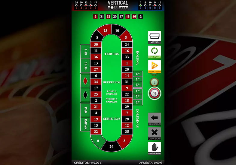 Mesa de ruleta vertical con el circuito y las apuestas anunciadas.