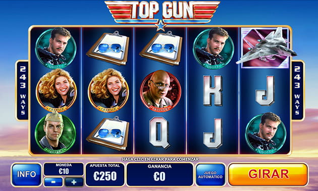 Tablero de la slot Top Gun de 5 rodillas y 3 filas con las imágenes de Goose, Charlie, Stinger y Jester entre otros símbolos del juego.
