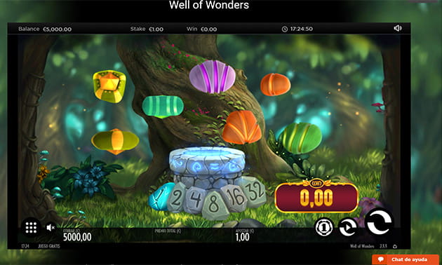 Menú principal de Well of Wonders slot con el panel de juego y los 7 objetos simultáneos representados.