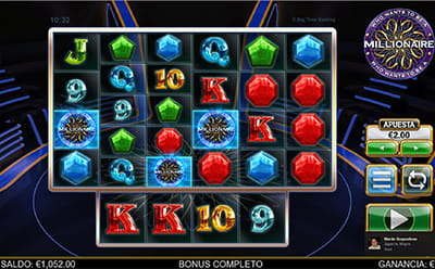Tres símbolos scatter en el tablero de la slot Who Wants to be a Millionaire, desbloqueando las partidas gratis.