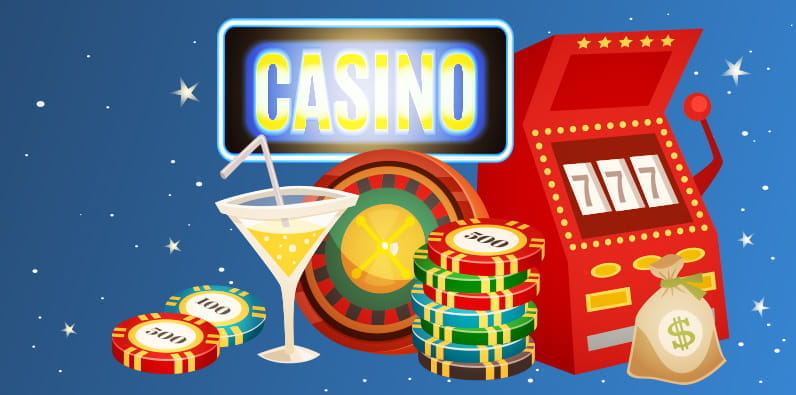 La palabra 'Casino' con máquinas de azar, fichas de casino y saco lleno de dinero