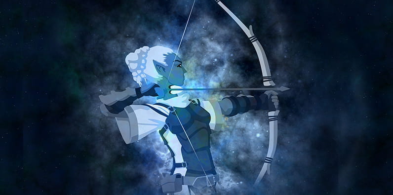 Una arquera dibujada en colores azul oscuro, gris y blanco