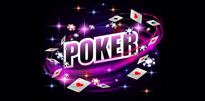Le mot "Poker" dessiné en couleur violet foncé avec des cartes et des jetons de casino autour de lui.