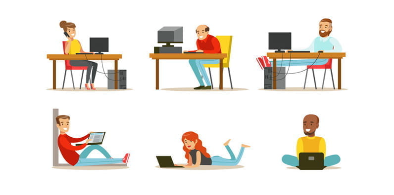 Six personnes dessinées assises devant leurs ordinateurs et ordinateurs portables.