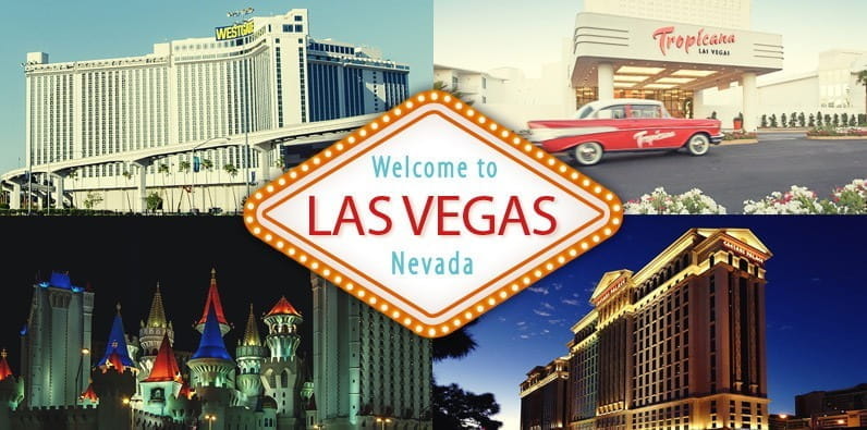 Quatre hôtels différents à Las Vegas et la phrase "Bienvenue à Las Vegas"